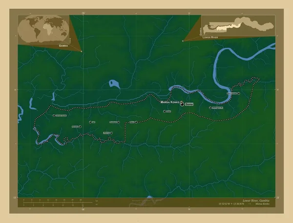 Нижня Річка Підрозділ Гамбії Кольорові Карти Висот Озерами Річками Місця — стокове фото