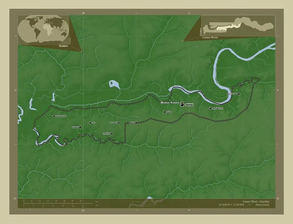 Dolní Řeka Divize Gambie Zdvihová Mapa Zbarvená Stylu Wiki Jezery — Stock fotografie