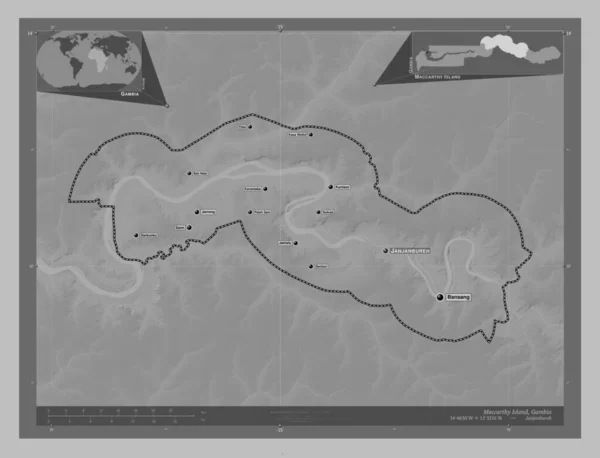 Wyspa Maccarthy Oddział Gambii Mapa Wzniesień Skali Szarości Jeziorami Rzekami — Zdjęcie stockowe