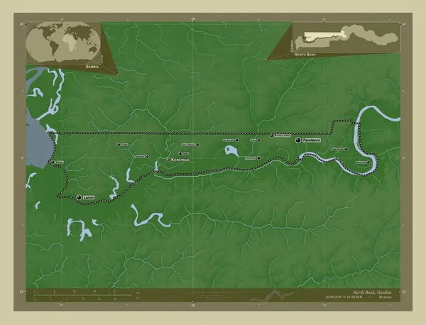 北銀行ガンビア分局 湖や川とWikiスタイルで着色された標高マップ 地域の主要都市の位置と名前 コーナー補助位置図 — ストック写真