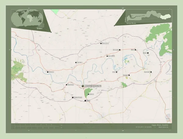 アッパー川 ガンビアの分割 ストリートマップを開く 地域の主要都市の位置と名前 コーナー補助位置図 — ストック写真