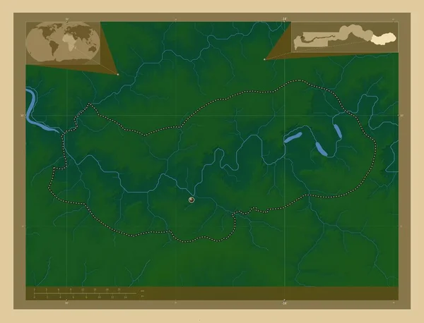アッパー川 ガンビアの分割 湖や川と色の標高マップ コーナー補助位置図 — ストック写真