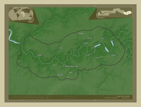 アッパー川 ガンビアの分割 湖や川とWikiスタイルで着色された標高マップ 地域の主要都市の位置と名前 コーナー補助位置図 — ストック写真