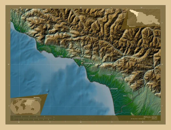 Абхазия Автономная Республика Грузия Цветная Карта Высоты Озерами Реками Места — стоковое фото