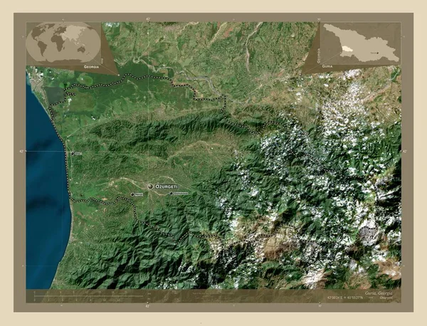 格鲁吉亚地区的古里亚 高分辨率卫星地图 该区域主要城市的地点和名称 角辅助位置图 — 图库照片