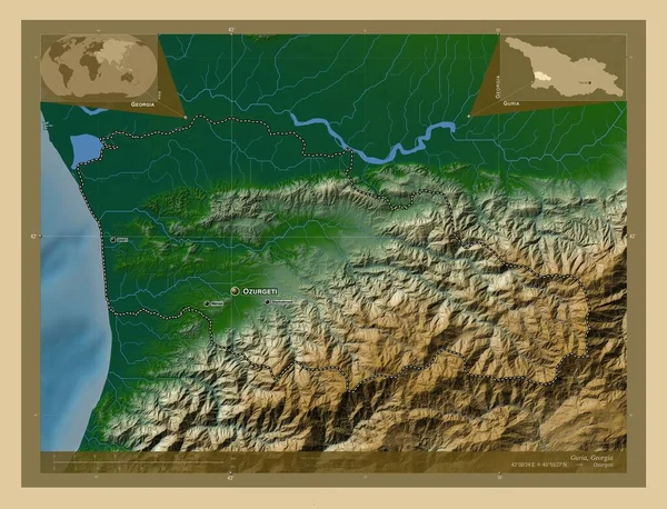 ジョージア州の地域 湖や川と色の標高マップ 地域の主要都市の位置と名前 コーナー補助位置図 — ストック写真