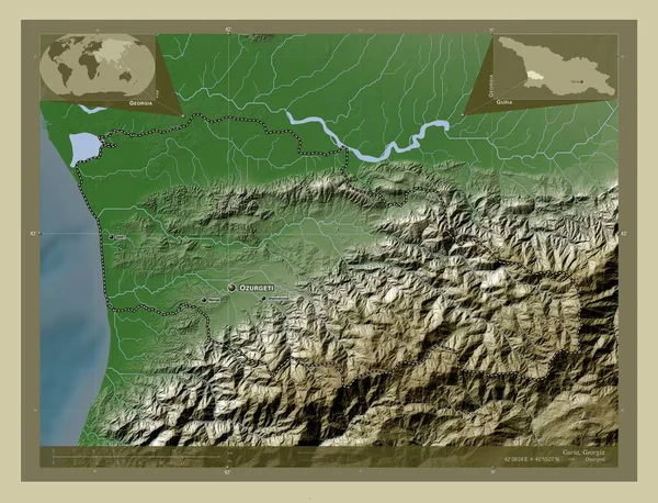 格鲁吉亚地区的古里亚 用Wiki风格绘制的带有湖泊和河流的高程地图 该区域主要城市的地点和名称 角辅助位置图 — 图库照片