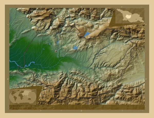 Imereti 格鲁吉亚地区 有湖泊和河流的彩色高程图 角辅助位置图 — 图库照片