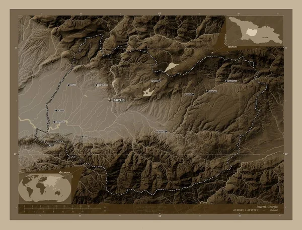 Imereti Región Georgia Mapa Elevación Coloreado Tonos Sepia Con Lagos —  Fotos de Stock