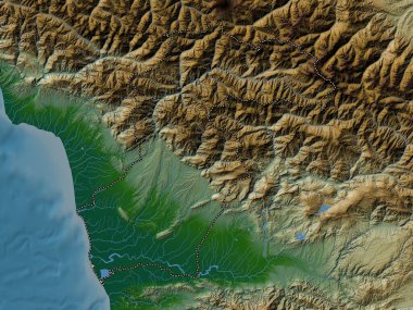 Samegrelo-Zemo Svaneti, Gürcistan bölgesi. Gölleri ve nehirleri olan renkli yükseklik haritası