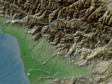 Samegrelo-Zemo Svaneti, Gürcistan bölgesi. Yükseklik haritası göller ve nehirlerle wiki stilinde renklendirilmiştir