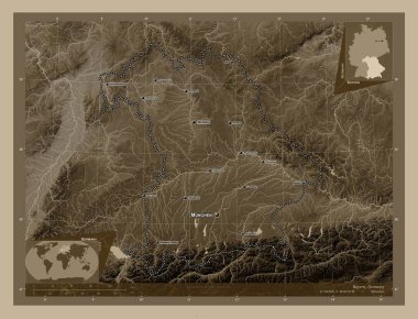 Bayern, Almanya bölgesi. Yükseklik haritası sepya tonlarında göller ve nehirlerle renklendirilmiş. Bölgenin büyük şehirlerinin yerleri ve isimleri. Köşedeki yedek konum haritaları