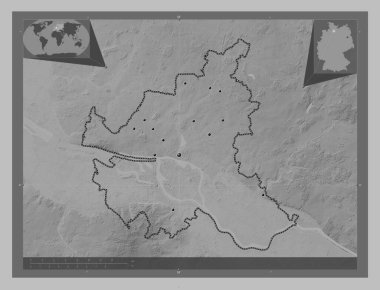 Hamburg, Almanya devleti. Gölleri ve nehirleri olan gri tonlama yükseklik haritası. Bölgenin büyük şehirlerinin yerleri. Köşedeki yedek konum haritaları