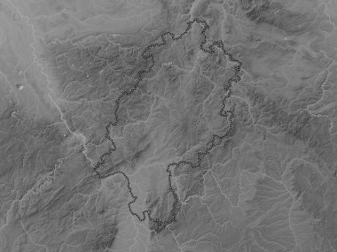 Hessen, Almanya devleti. Gölleri ve nehirleri olan gri tonlama yükseklik haritası
