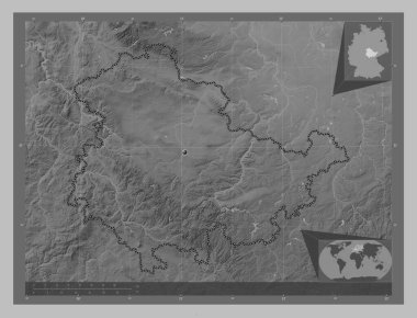 Thuringen, Almanya devleti. Gölleri ve nehirleri olan gri tonlama yükseklik haritası. Köşedeki yedek konum haritaları