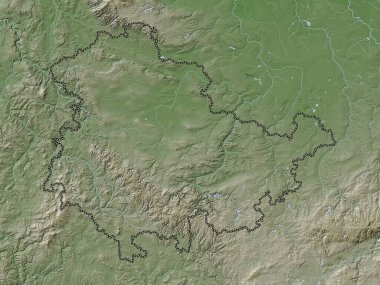 Thuringen, Almanya devleti. Yükseklik haritası göller ve nehirlerle wiki stilinde renklendirilmiştir