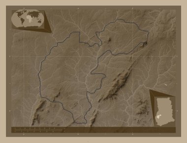 Ahafo, Gana bölgesi. Yükseklik haritası sepya tonlarında göller ve nehirlerle renklendirilmiş. Köşedeki yedek konum haritaları