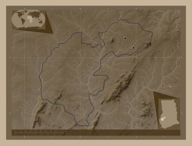 Ahafo, Gana bölgesi. Yükseklik haritası sepya tonlarında göller ve nehirlerle renklendirilmiş. Bölgenin büyük şehirlerinin yerleri. Köşedeki yedek konum haritaları