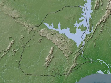 Doğu, Gana bölgesi. Yükseklik haritası göller ve nehirlerle wiki stilinde renklendirilmiştir