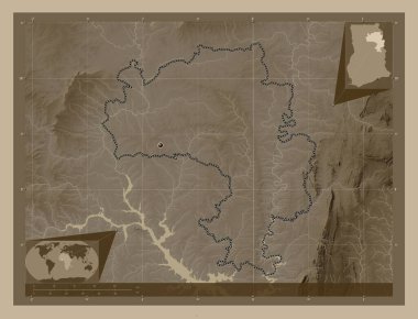 Kuzey, Gana bölgesi. Yükseklik haritası sepya tonlarında göller ve nehirlerle renklendirilmiş. Köşedeki yedek konum haritaları