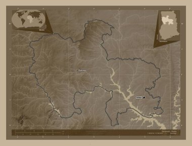 Savannah, Gana bölgesi. Yükseklik haritası sepya tonlarında göller ve nehirlerle renklendirilmiş. Bölgenin büyük şehirlerinin yerleri ve isimleri. Köşedeki yedek konum haritaları