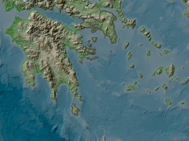 Attica, Yunanistan 'ın ademi merkeziyeti. Yükseklik haritası göller ve nehirlerle wiki stilinde renklendirilmiştir