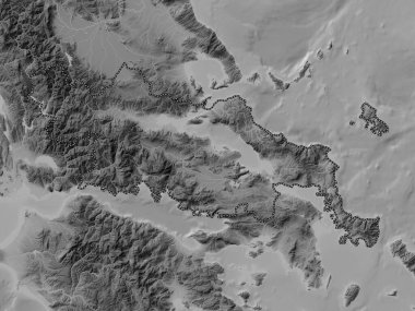 Yunanistan 'ın merkezi olmayan idaresi. Gölleri ve nehirleri olan gri tonlama yükseklik haritası
