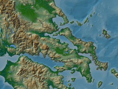 Yunanistan 'ın merkezi olmayan idaresi. Gölleri ve nehirleri olan renkli yükseklik haritası