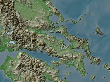 Yunanistan 'ın merkezi olmayan idaresi. Yükseklik haritası göller ve nehirlerle wiki stilinde renklendirilmiştir