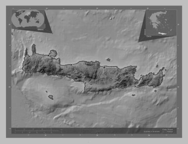 Girit, Yunanistan 'ın ademi merkeziyeti. Gölleri ve nehirleri olan gri tonlama yükseklik haritası. Bölgenin büyük şehirlerinin yerleri ve isimleri. Köşedeki yedek konum haritaları