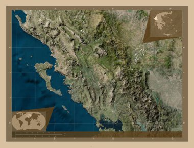 Epirus, Yunanistan 'ın merkezi olmayan yönetimi. Düşük çözünürlüklü uydu. Köşedeki yedek konum haritaları