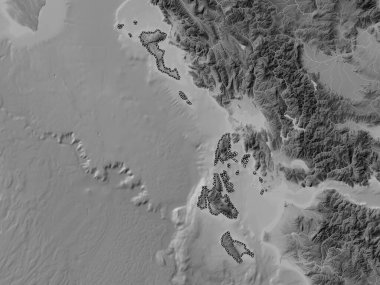 İyon Adaları, Yunanistan 'ın merkezi olmayan yönetimi. Gölleri ve nehirleri olan gri tonlama yükseklik haritası