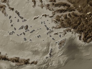 Güney Ege 'de, Yunanistan' ın merkezi yönetiminde. Yükseklik haritası sepya tonlarında göller ve nehirlerle renklendirilmiş