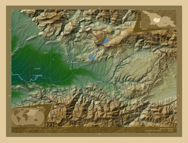 Imereti 格鲁吉亚地区 有湖泊和河流的彩色高程图 该区域主要城市的地点和名称 角辅助位置图 — 图库照片