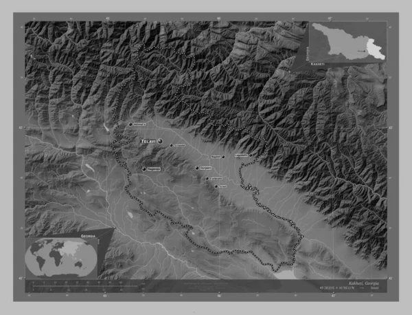 Kakheti 格鲁吉亚地区 带有湖泊和河流的灰度高程图 该区域主要城市的地点和名称 角辅助位置图 — 图库照片
