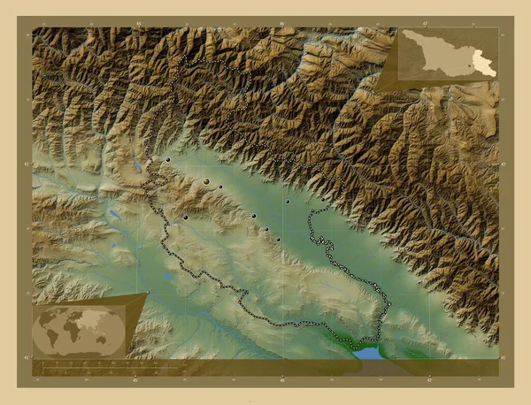 Kacheti Region Gruzji Kolorowa Mapa Wzniesień Jeziorami Rzekami Lokalizacje Dużych — Zdjęcie stockowe