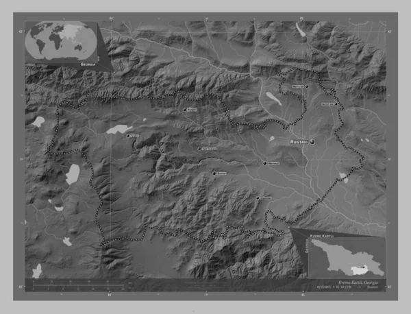 Kvemo Kartli 格鲁吉亚地区 带有湖泊和河流的灰度高程图 该区域主要城市的地点和名称 角辅助位置图 — 图库照片