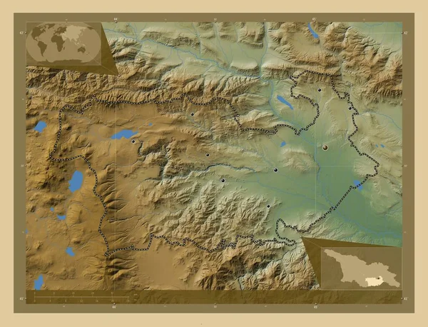 Kvemo Kartli Region Gruzji Kolorowa Mapa Wzniesień Jeziorami Rzekami Lokalizacje — Zdjęcie stockowe