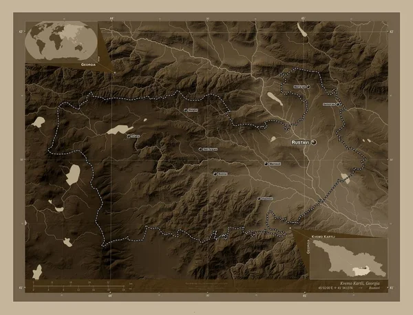 Kvemo Kartli Oblast Gruzie Zdvihová Mapa Zbarvená Sépiovými Tóny Jezery — Stock fotografie