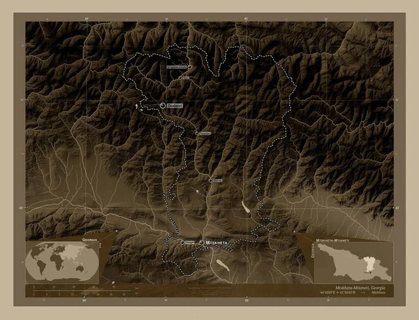 Mtskheta Mtianeti Regione Della Georgia Mappa Elevazione Colorata Toni Seppia — Foto Stock