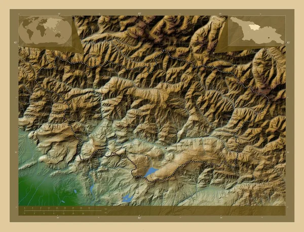 ラチャ レックプーム クベモ スヴァネティ ジョージア州の地方 湖や川と色の標高マップ コーナー補助位置図 — ストック写真