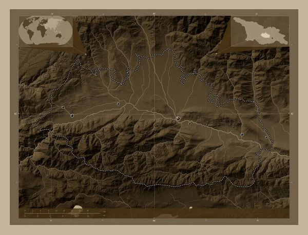 Shida Kartli Oblast Gruzie Zdvihová Mapa Zbarvená Sépiovými Tóny Jezery — Stock fotografie