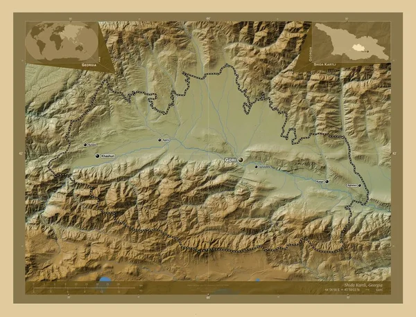 Shida Kartli Region Gruzji Kolorowa Mapa Wzniesień Jeziorami Rzekami Lokalizacje — Zdjęcie stockowe