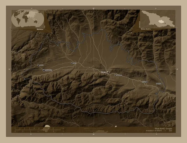 Shida Kartli Región Georgia Mapa Elevación Coloreado Tonos Sepia Con —  Fotos de Stock