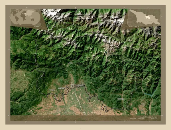 南オセチア ジョージアの独立した都市 高解像度衛星地図 地域の主要都市の位置と名前 コーナー補助位置図 — ストック写真