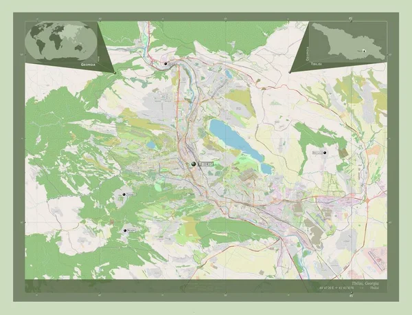 第比利斯 格鲁吉亚的独立城市 开放街道地图 该区域主要城市的地点和名称 角辅助位置图 — 图库照片