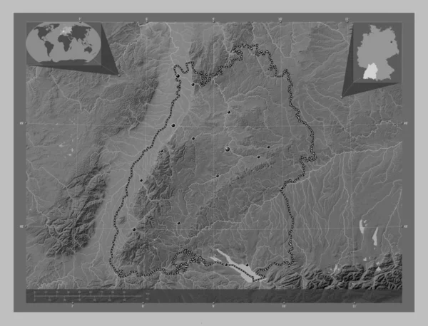 Baden Wurttemberg State Germany Grayscale Elevation Map Lakes Rivers Locations — Stock Photo, Image