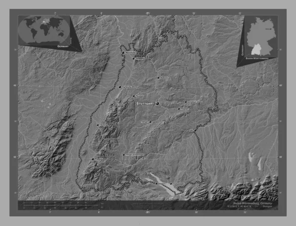 Baden Wurttemberg Κρατίδιο Της Γερμανίας Bilevel Υψομετρικός Χάρτης Λίμνες Και — Φωτογραφία Αρχείου