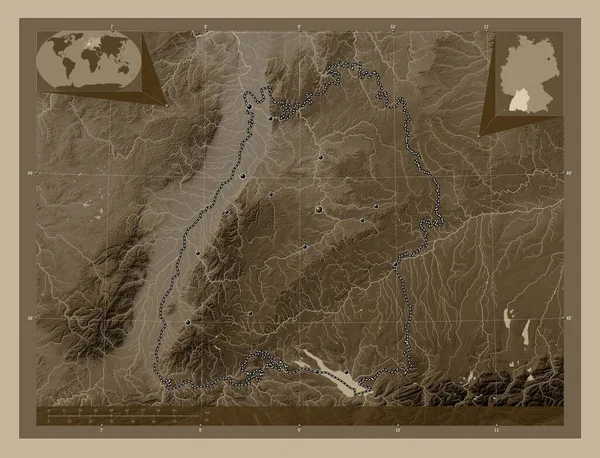 Баден Вюртемберг Штат Германия Карта Высоты Окрашенная Сепиевые Тона Озерами — стоковое фото