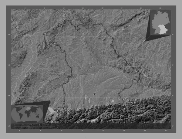 ドイツのバイエルン州 湖や川と二階の標高マップ コーナー補助位置図 — ストック写真